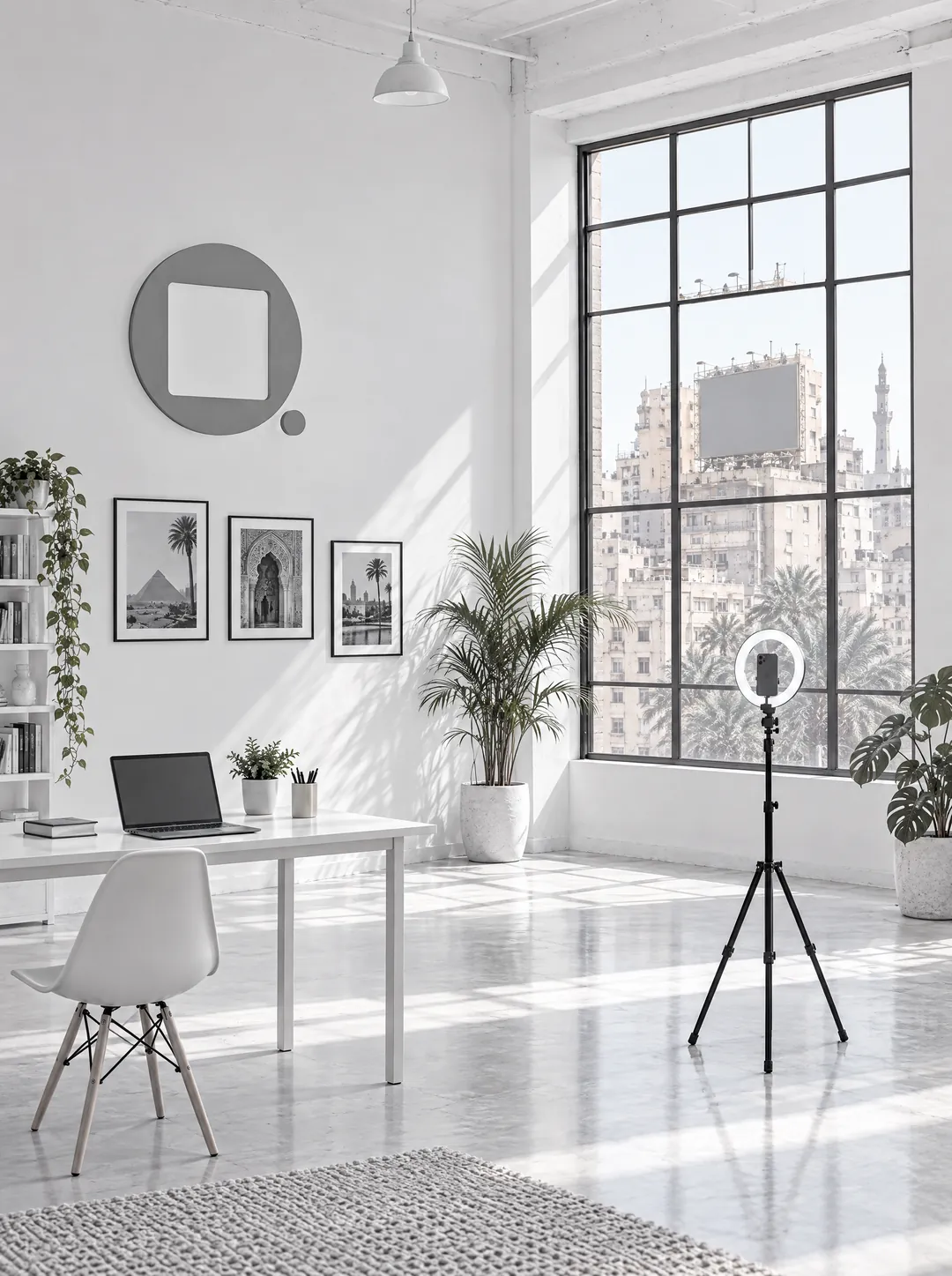 A sunlit studio in Cairo in black and white: a sign with the Qucina symbol on the wall, a laptop, a phone on a tripod and a billboard outside the window. Each one lights up in the colour of its service.